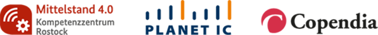 Logos der CITS MV Kooperationsparter Mittelstand 4.0 Kompetenzzentrum Rostock, die PLANET IC Gmbh und die Copendia GmbH & CO. KG